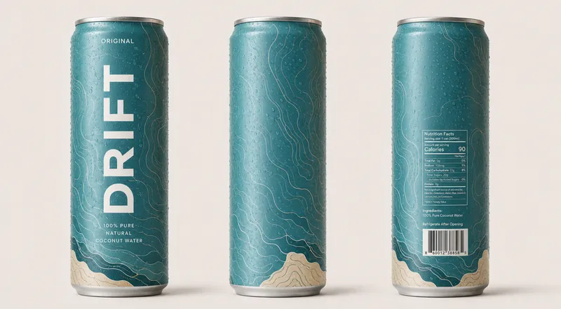 Drift Original can rendered from the front, side and back: teal can with contour lines and the vertical DRIFT wordmark
